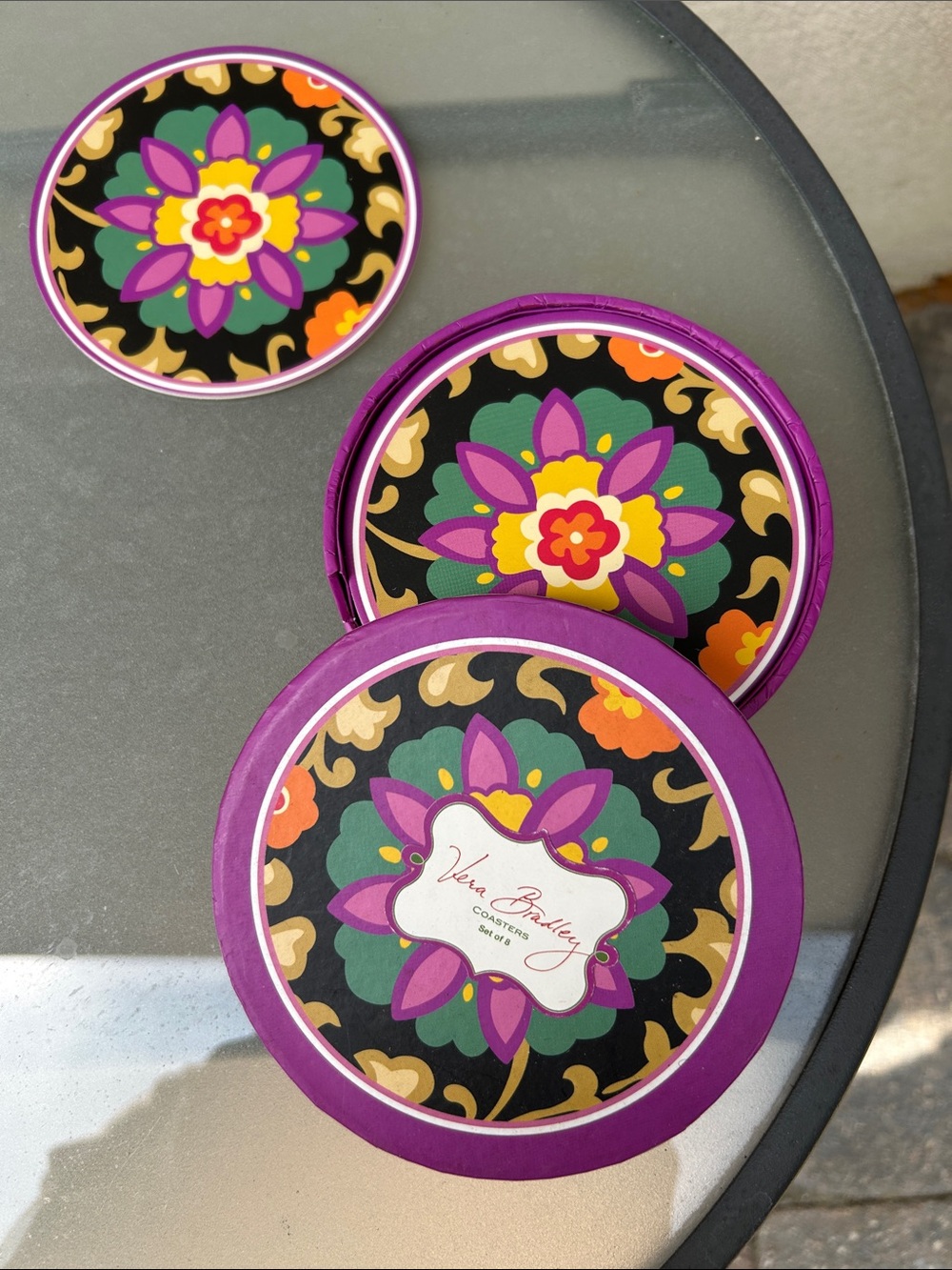 Vera Bradley Purple Floral Round Coaster Set in the Suzani Print